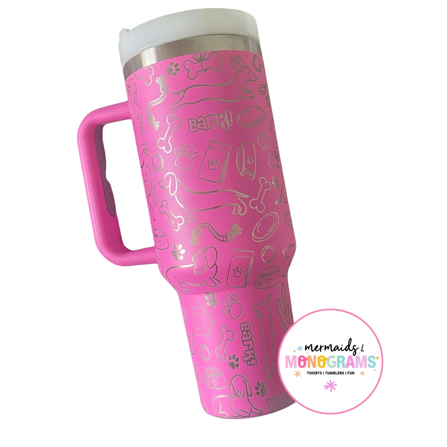 Side view of the tumbler showing full wrap-around dog illustrations