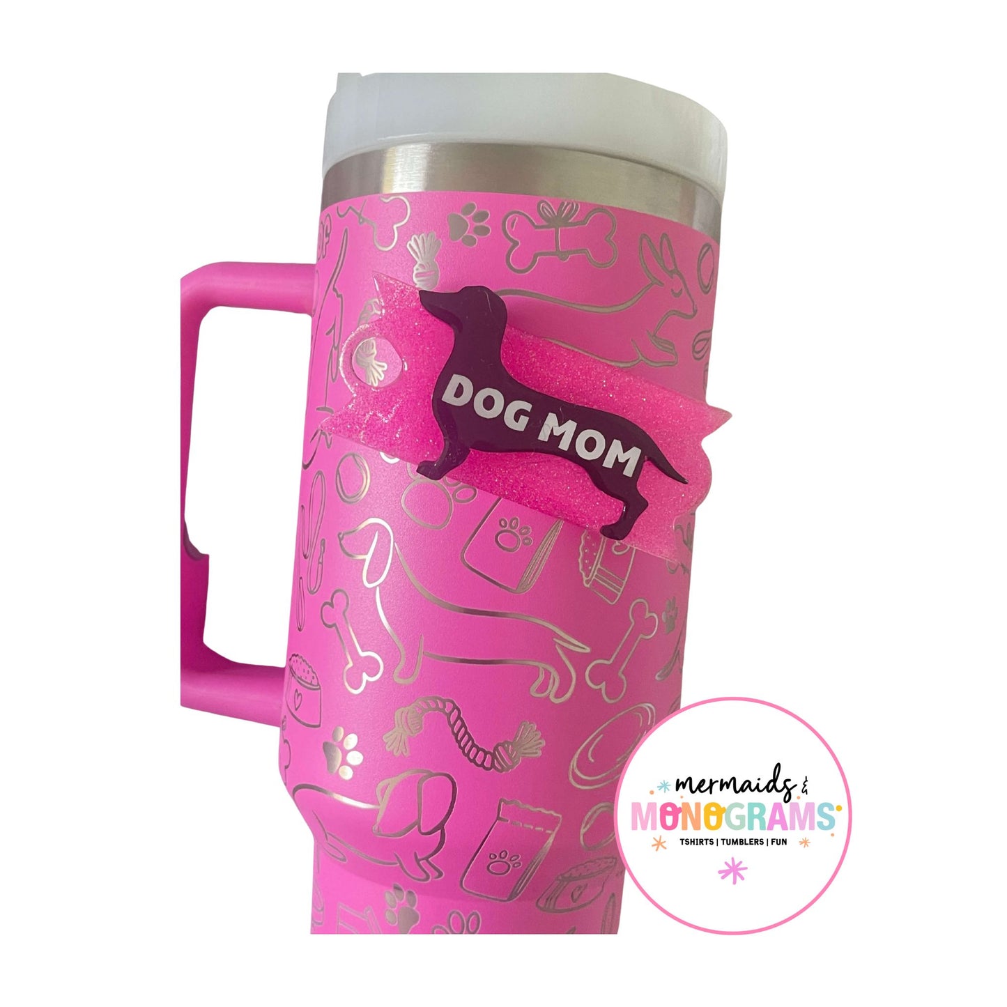 Matching dog-themed tumbler and topper set, pink with white accents