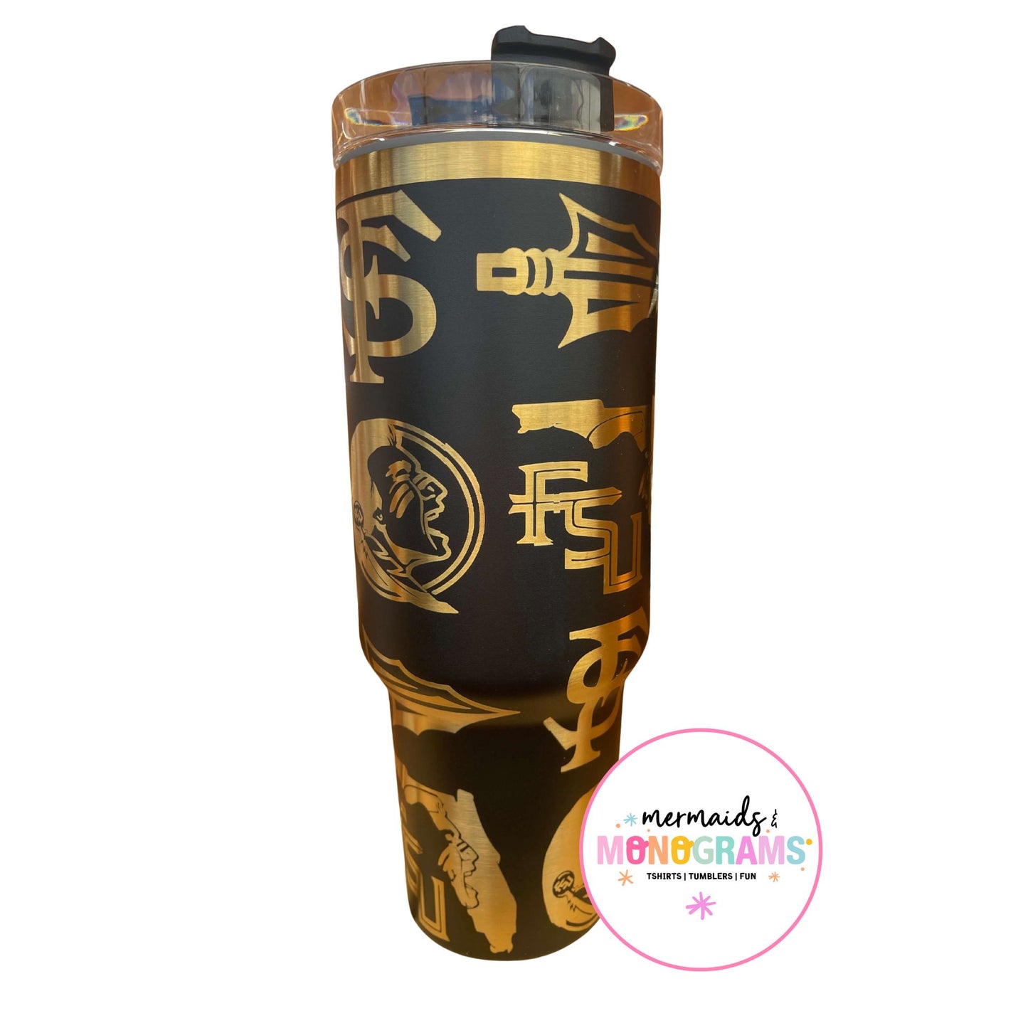 40oz stainless FSU-inspired tumbler with gold engraving on black