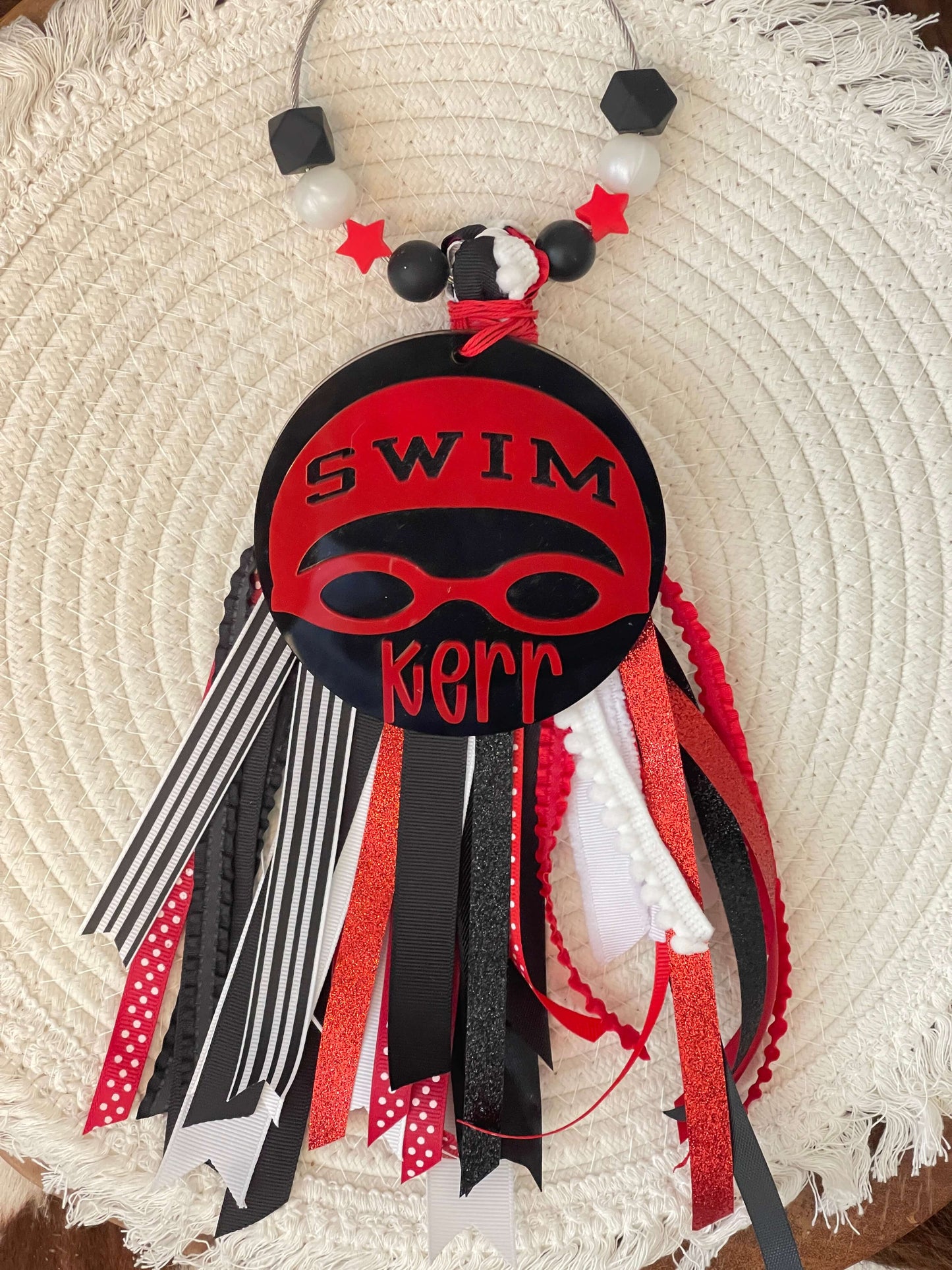 Personalized Swim Acrylic Bag Tag with Ribbon Tassel – Custom Sports Bag Charm