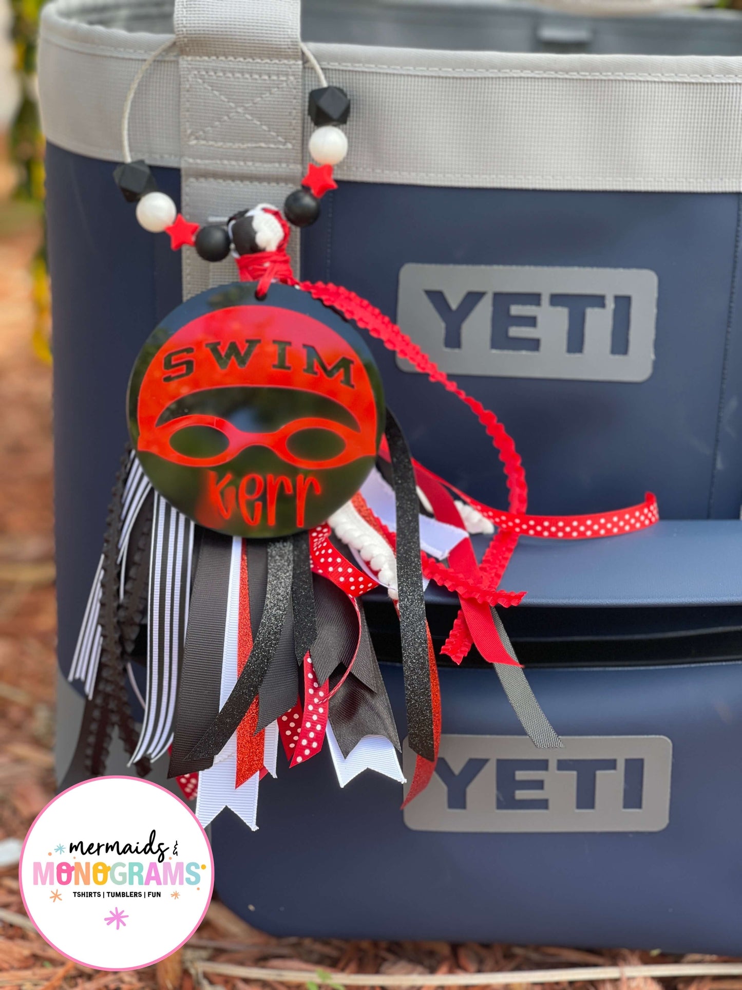 Personalized Swim Acrylic Bag Tag with Ribbon Tassel – Custom Sports Bag Charm