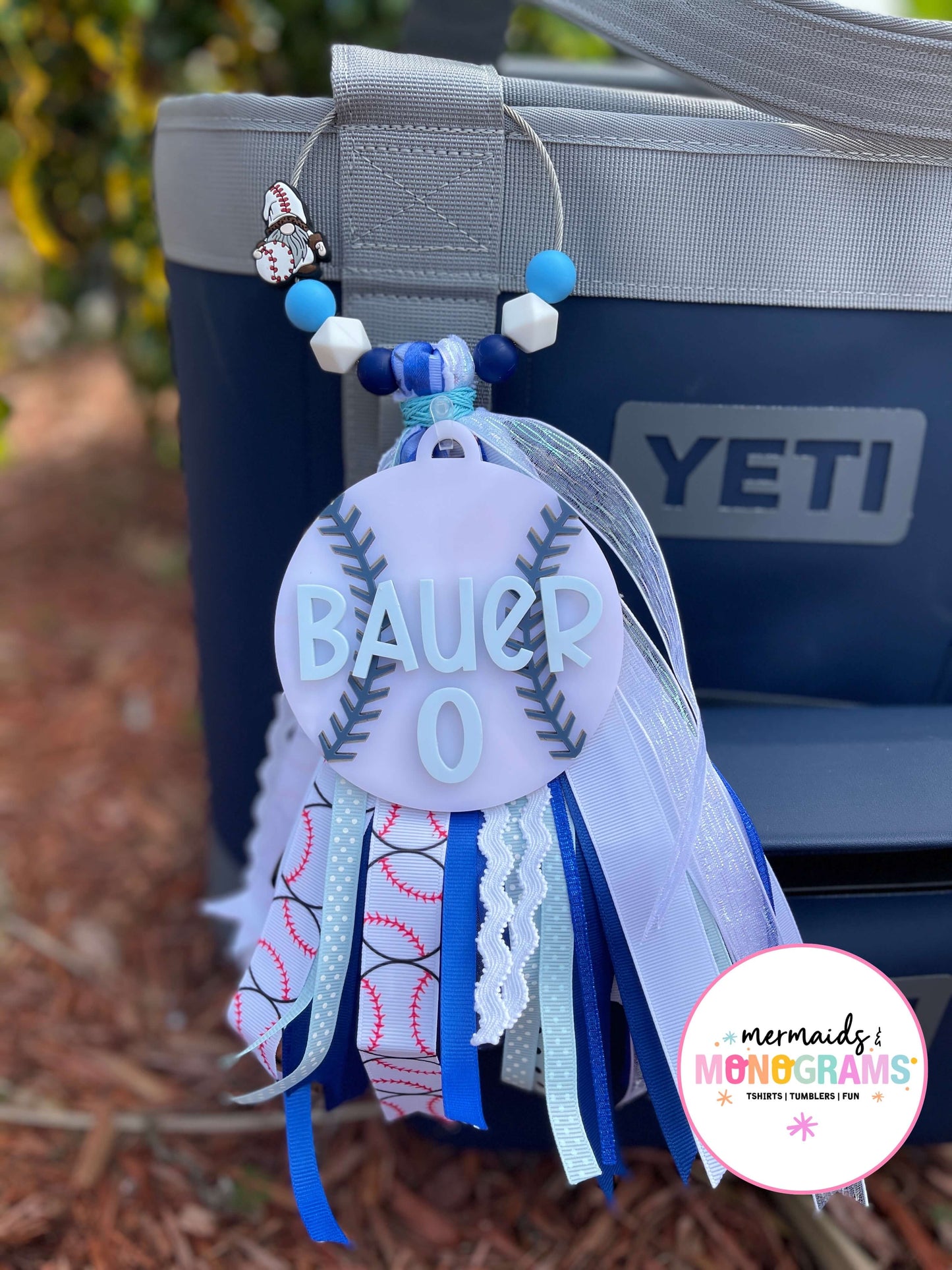 Personalized Baseball Acrylic Bag Tag with Ribbon Tassel