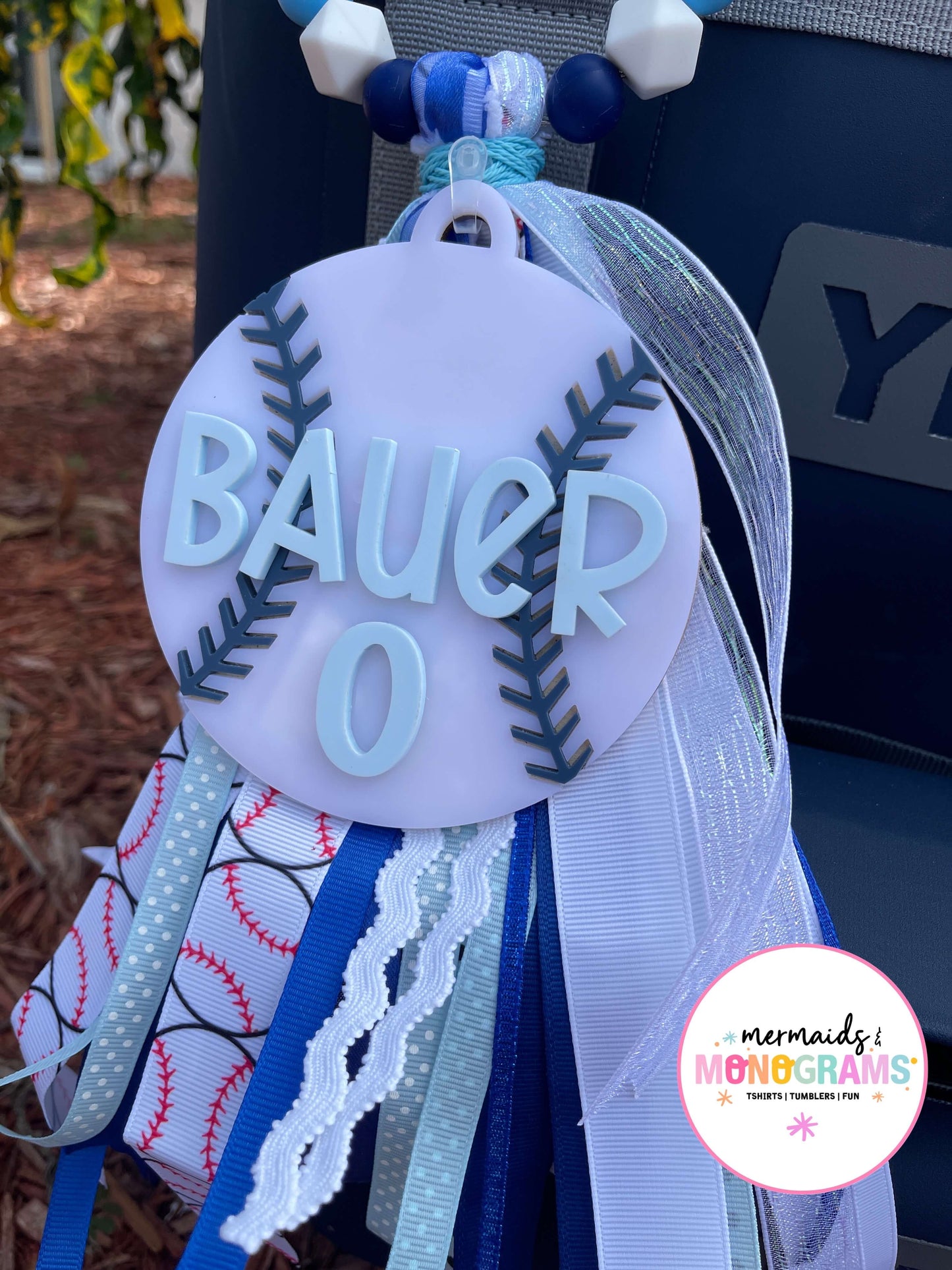 Personalized Baseball Acrylic Bag Tag with Ribbon Tassel