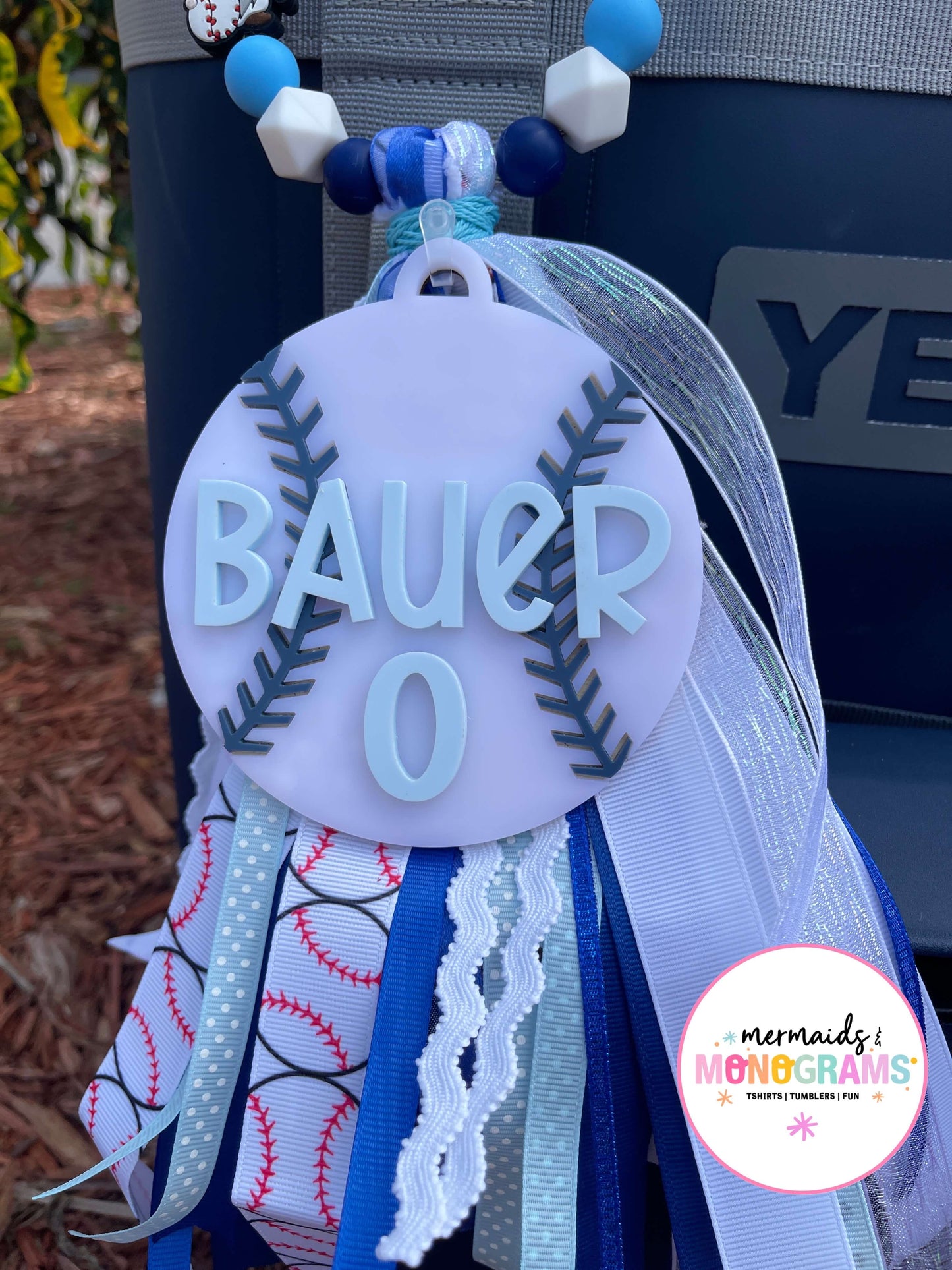 Personalized Baseball Acrylic Bag Tag with Ribbon Tassel