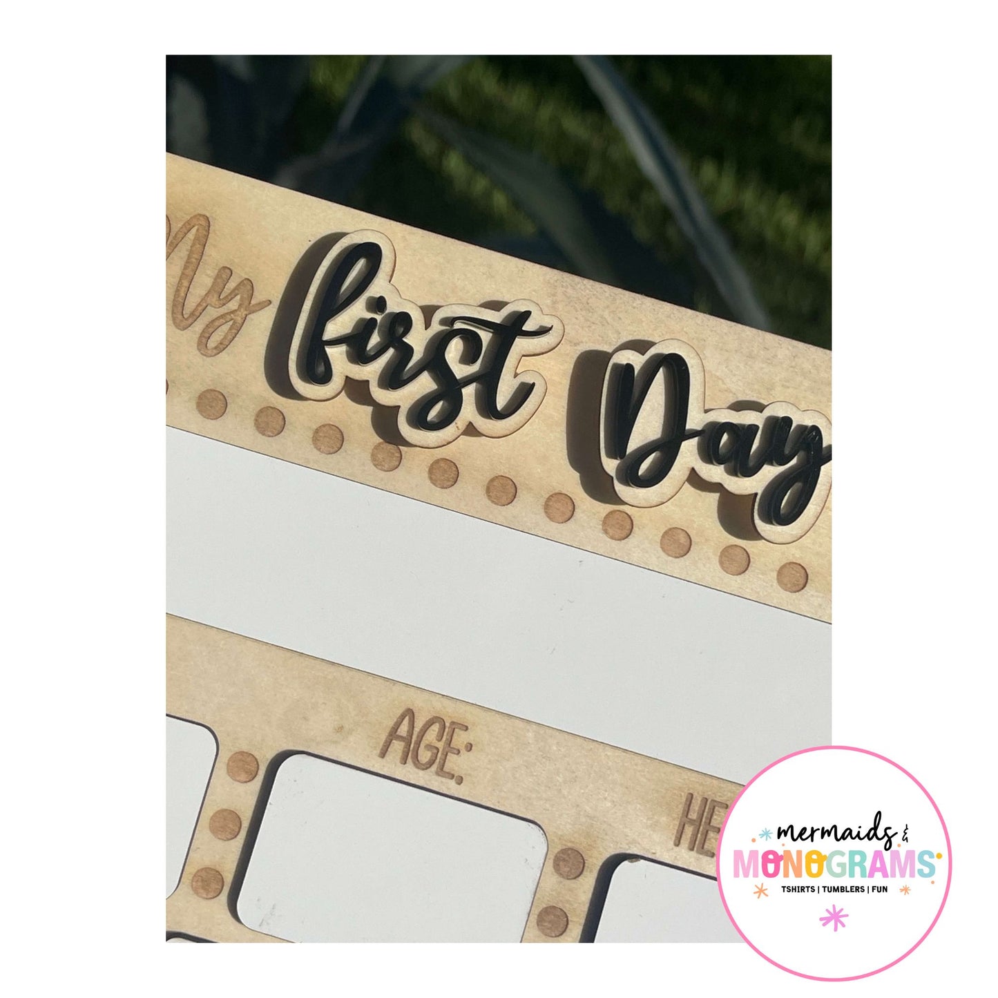 Close-up of interchangeable "First Day" acrylic lettering