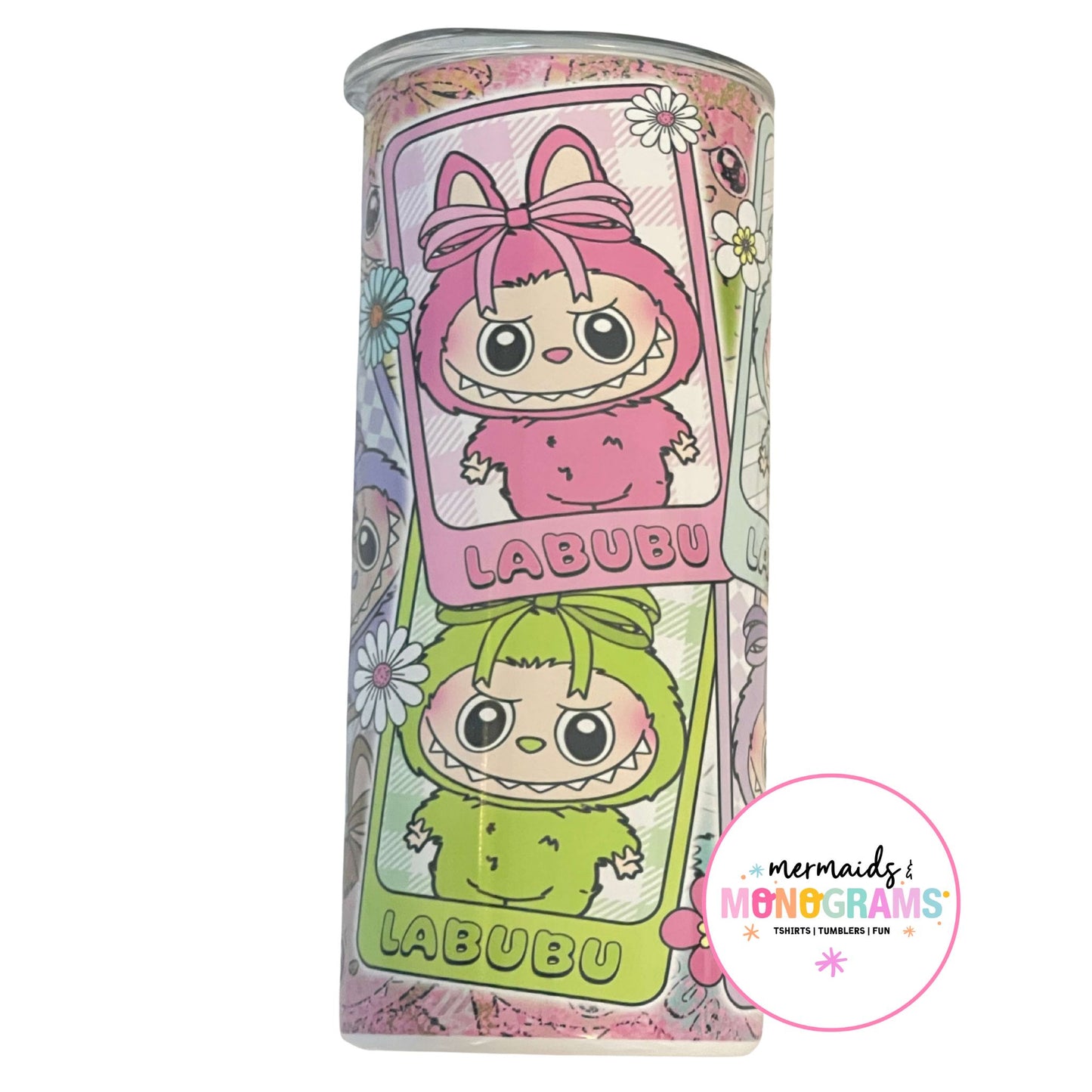 Labubu pastel tumbler with pink and green bunny-suited characters