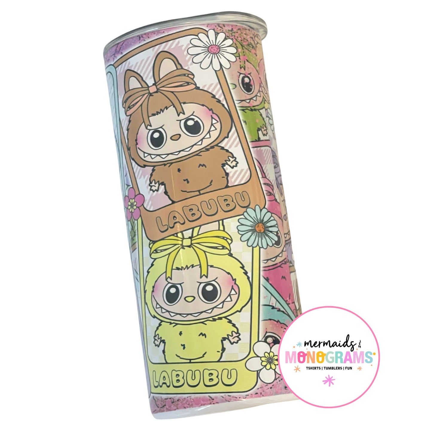 Labubu floral tumbler with brown and yellow characters in daisy background