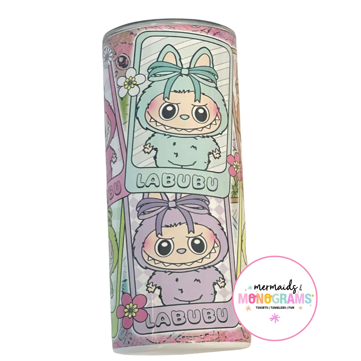 Labubu floral tumbler with mint and lavender pastel characters