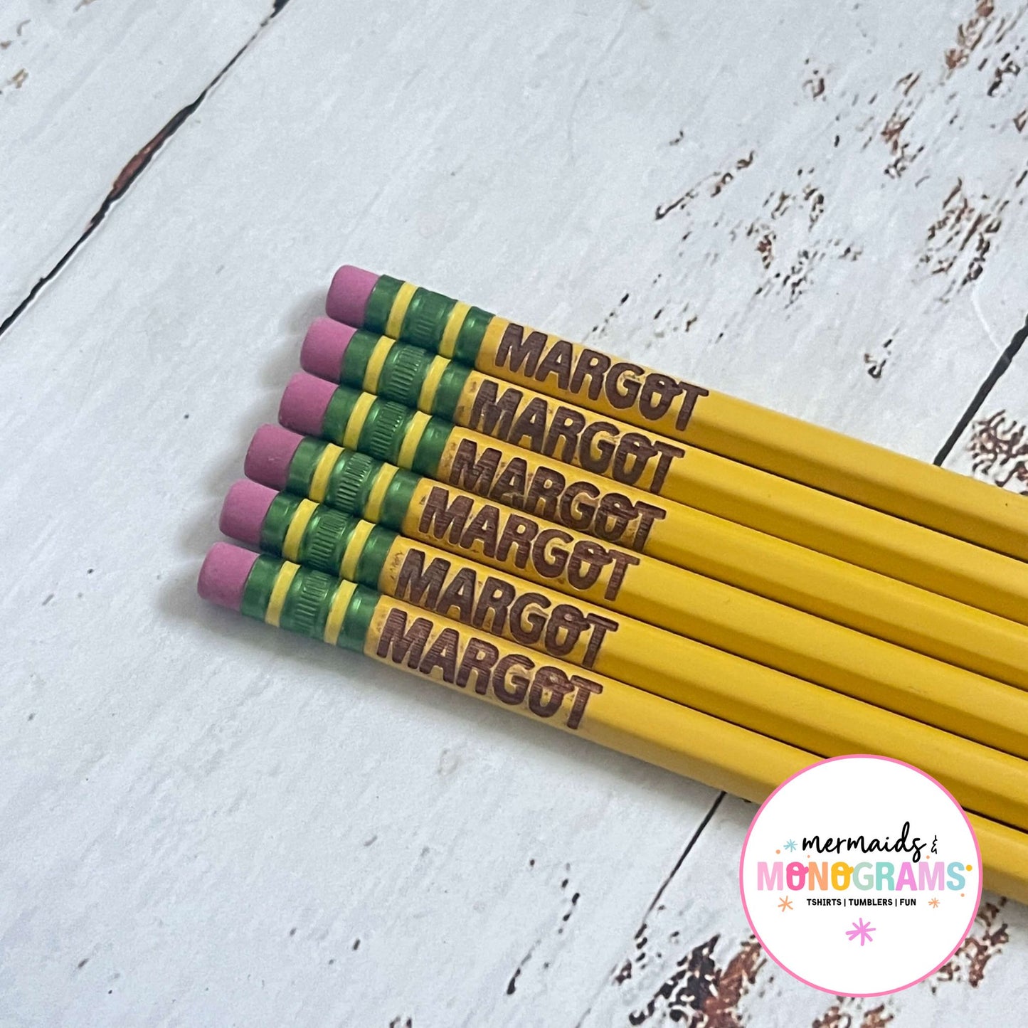 Laser-engraved pencils with pink erasers and personalized names