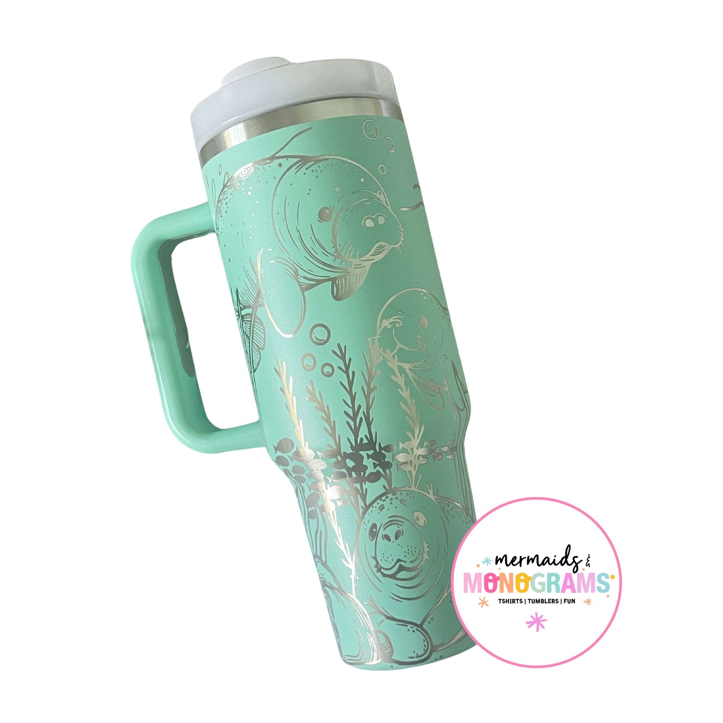 Ocean-themed Stanley-style tumbler with marine life details and pastel finish