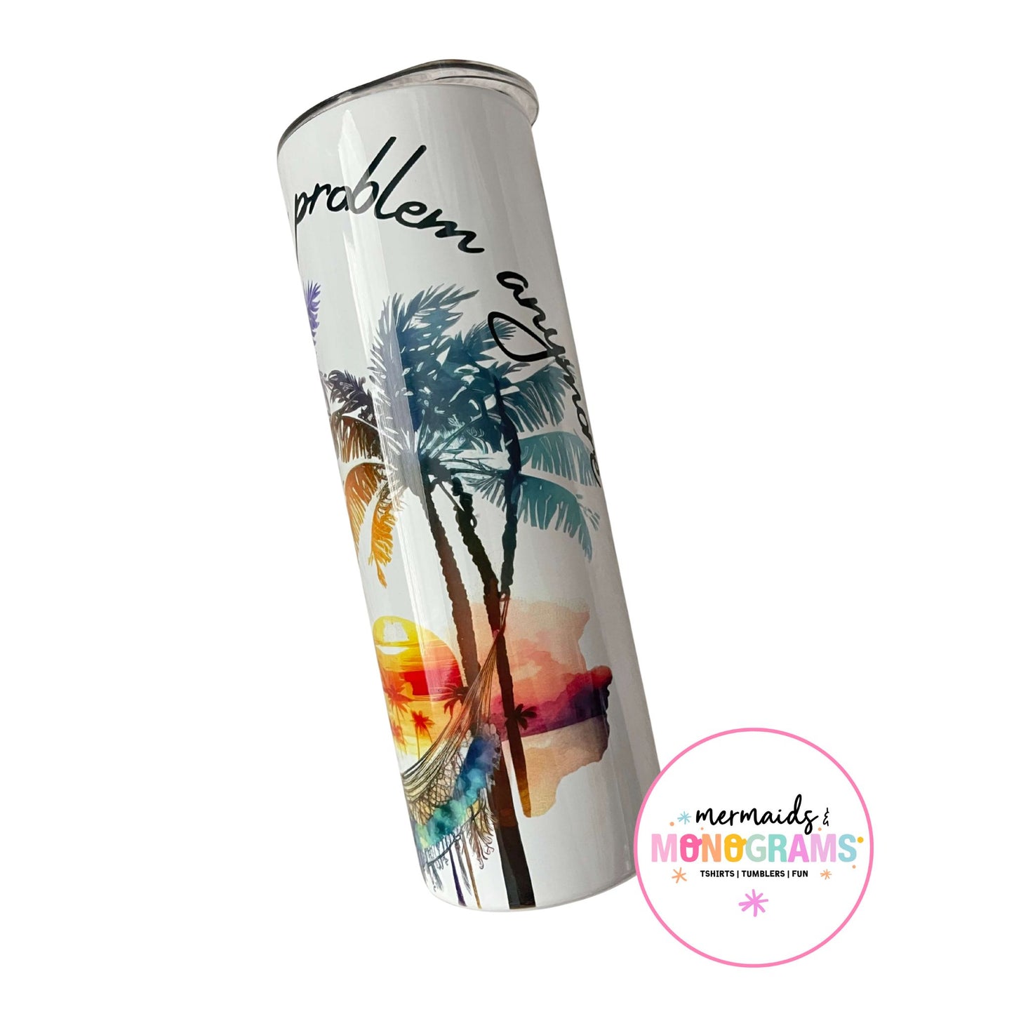 Beach-themed tumbler with hammock and tropical background – retired design