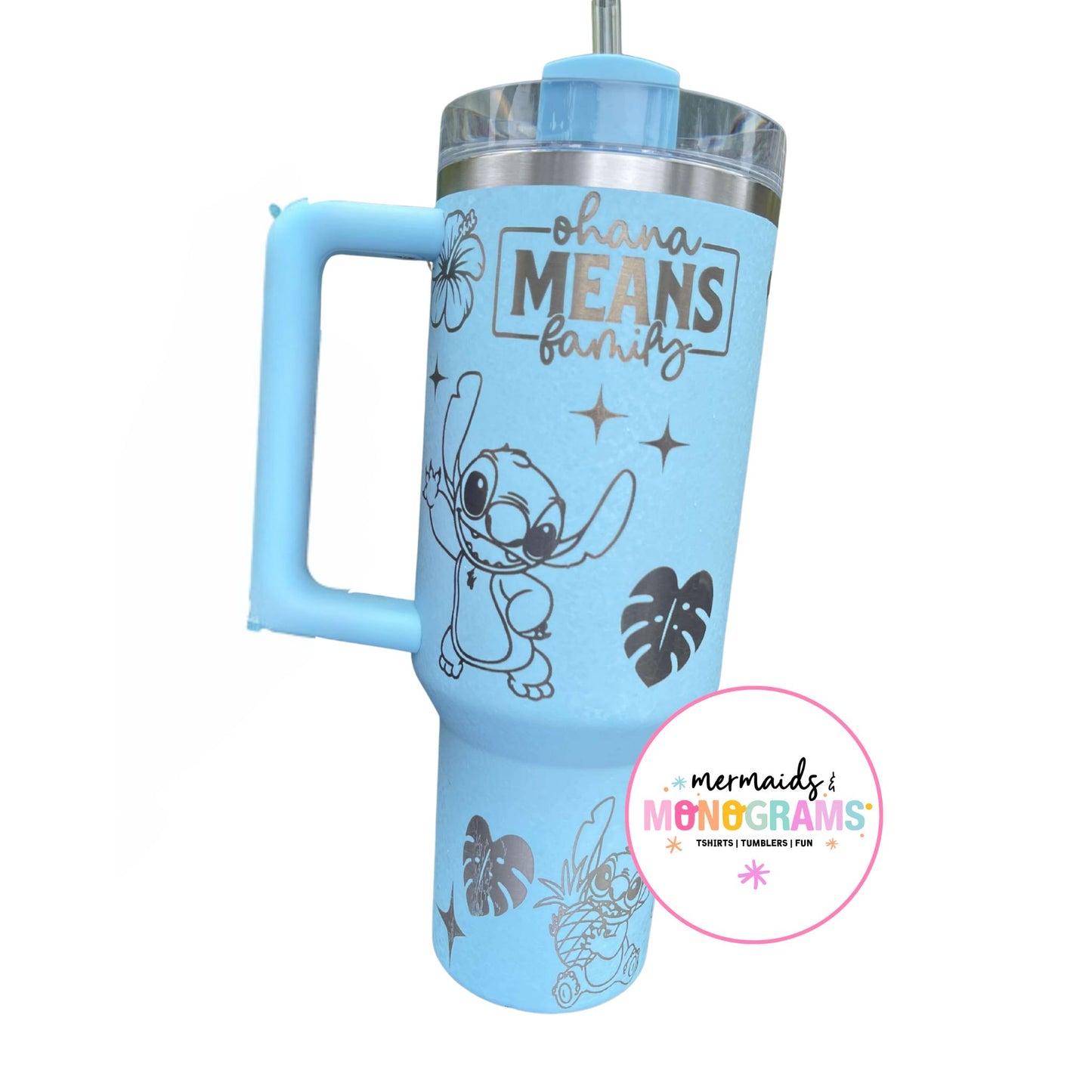 Light blue “Ohana Means Family” 40oz tumbler featuring Stitch and tropical engraving