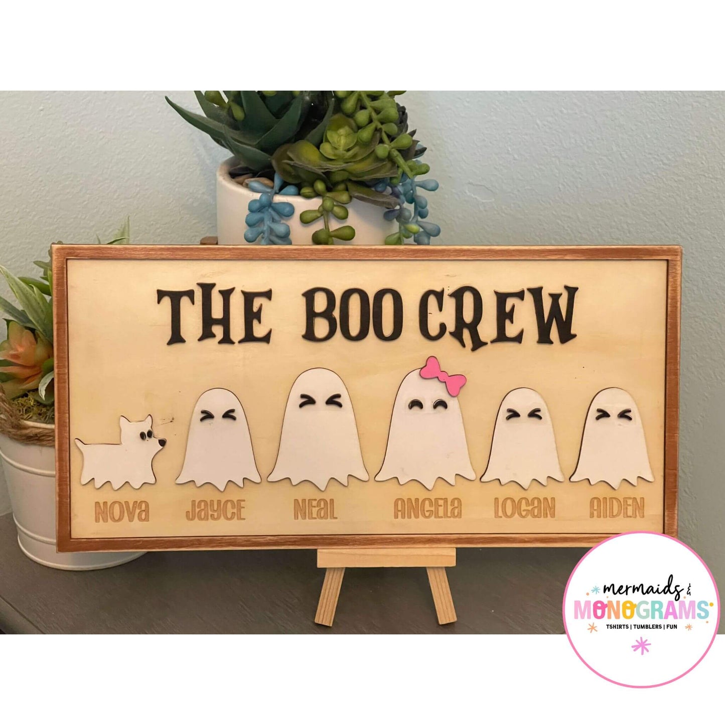 Full view of Boo Crew personalized Halloween plaque with ghost figures and pet, custom laser engraved names on wood sign with easel display
