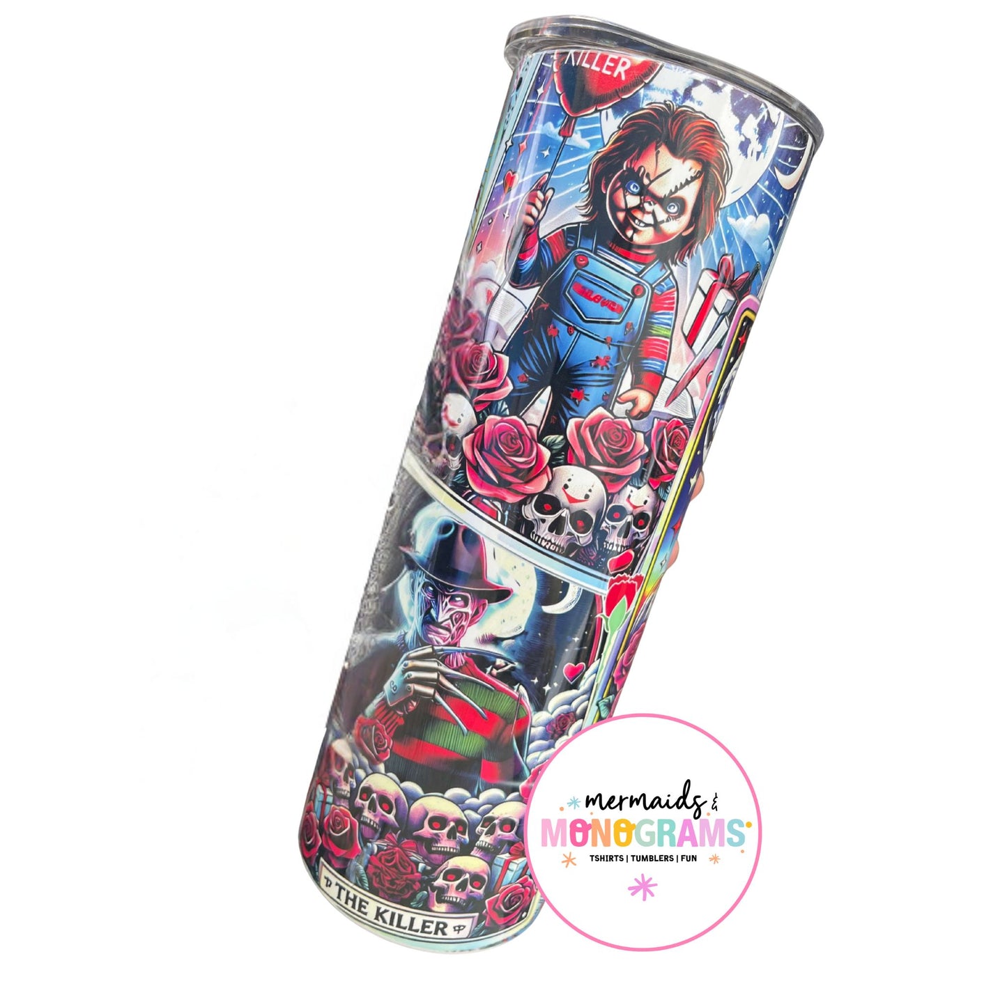 Stainless steel horror tumbler featuring Chucky and Freddy with skull and rose design