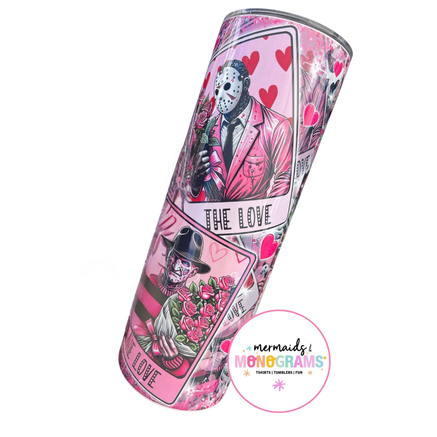 Pink horror tumbler featuring Jason and Freddy with hearts and roses ā āThe Loveā design