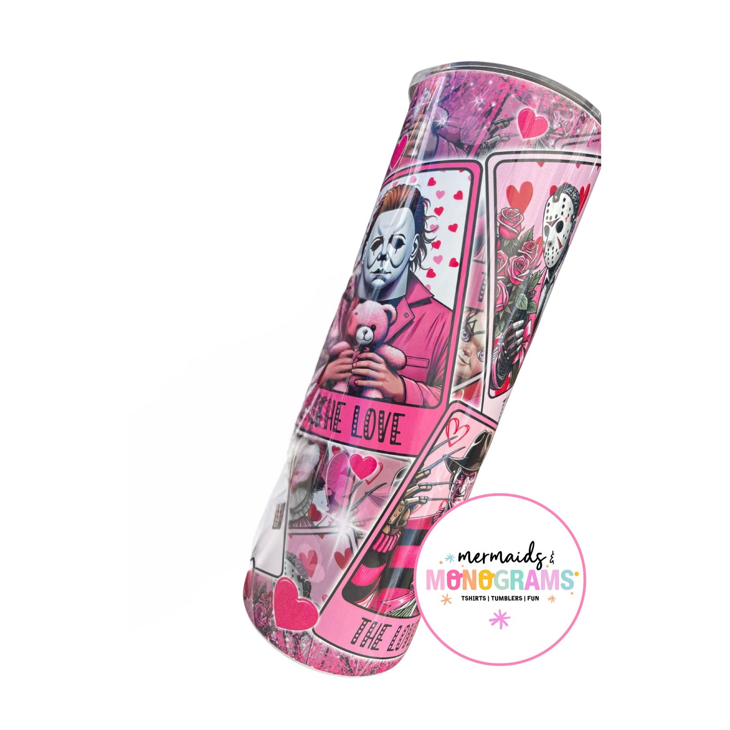 Valentineās tumbler with Michael Myers holding a teddy bear ā horror love theme