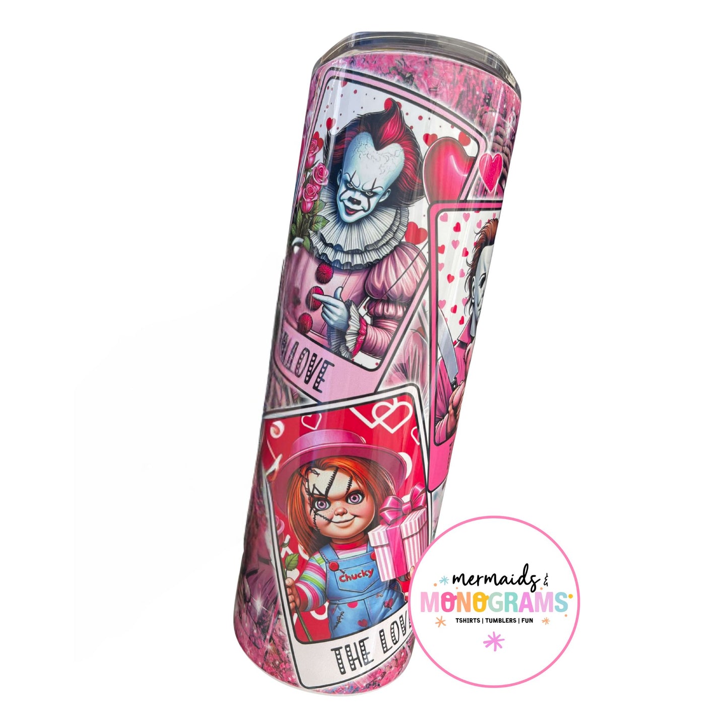 Full-wrap sublimated tumbler with Pennywise and Chucky surrounded by hearts and pink tones
