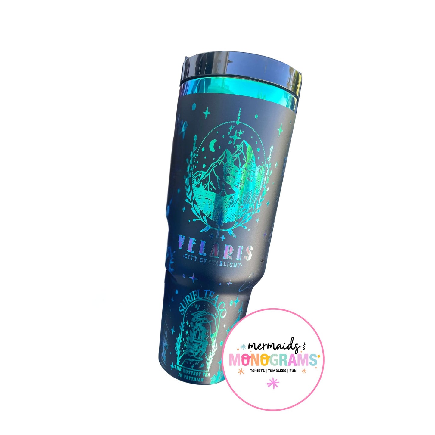 Velaris fantasy tumbler showing stars, mountains, and “City of Starlight” engraving