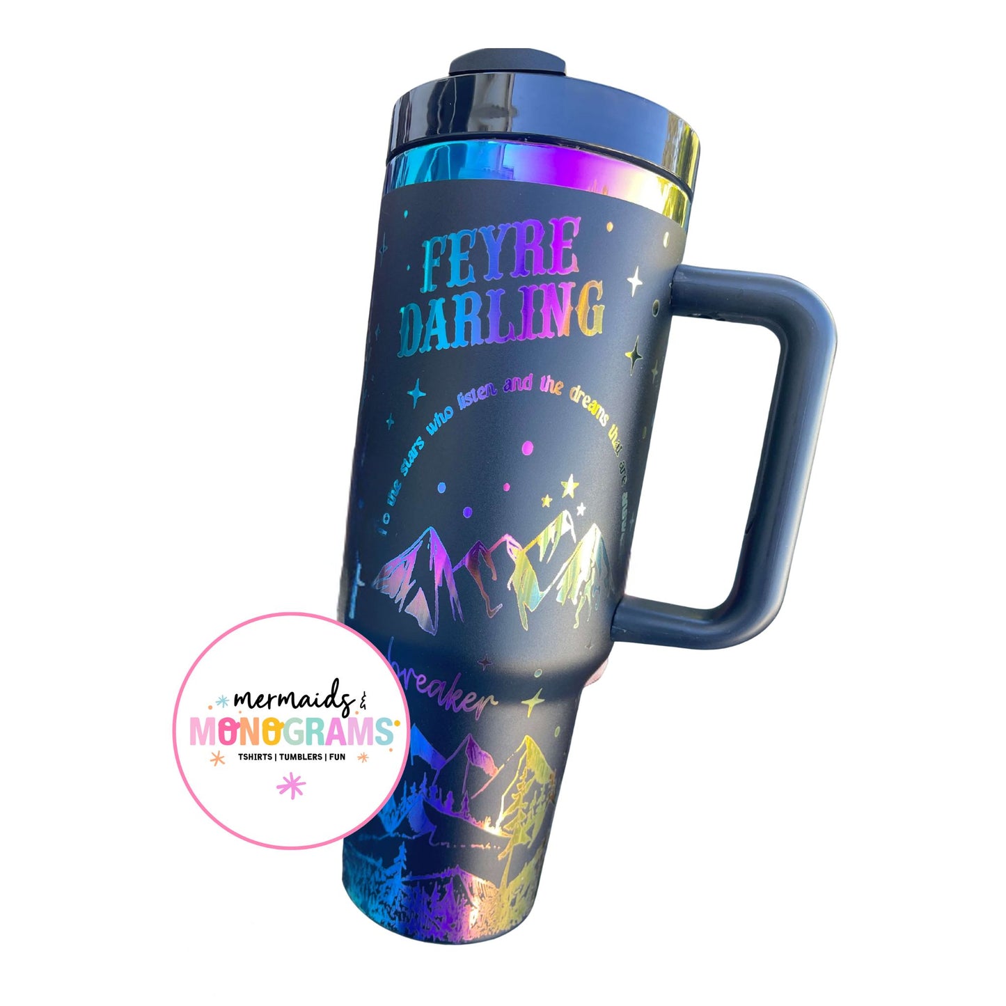 Feyre fantasy-inspired tumbler with celestial gradient details