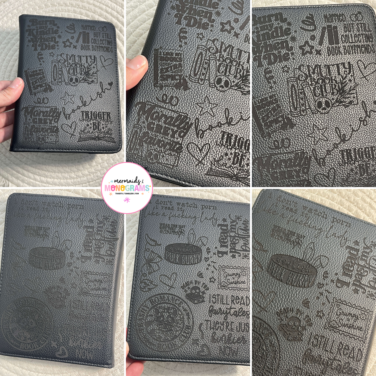 Bookish Kindle cover with laser engraved romance reader design