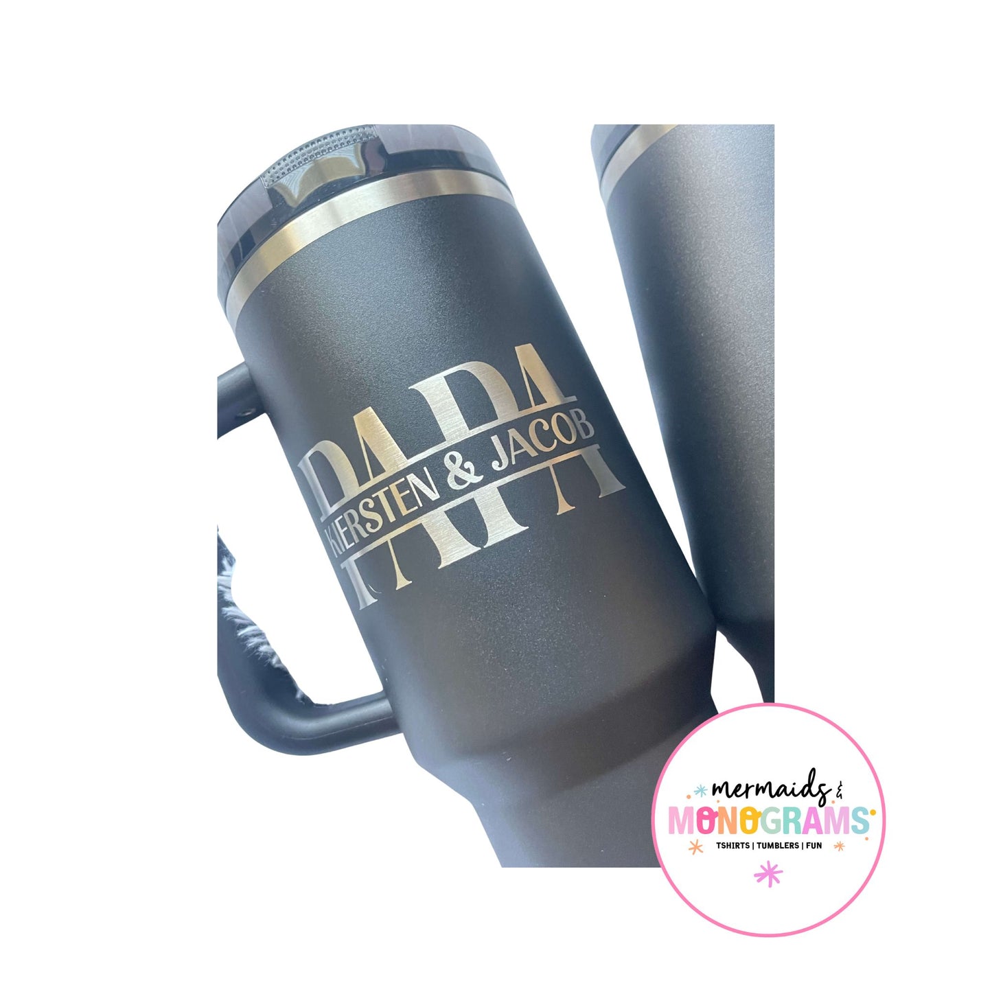 Close-up of "PAPA" tumbler with custom name strip