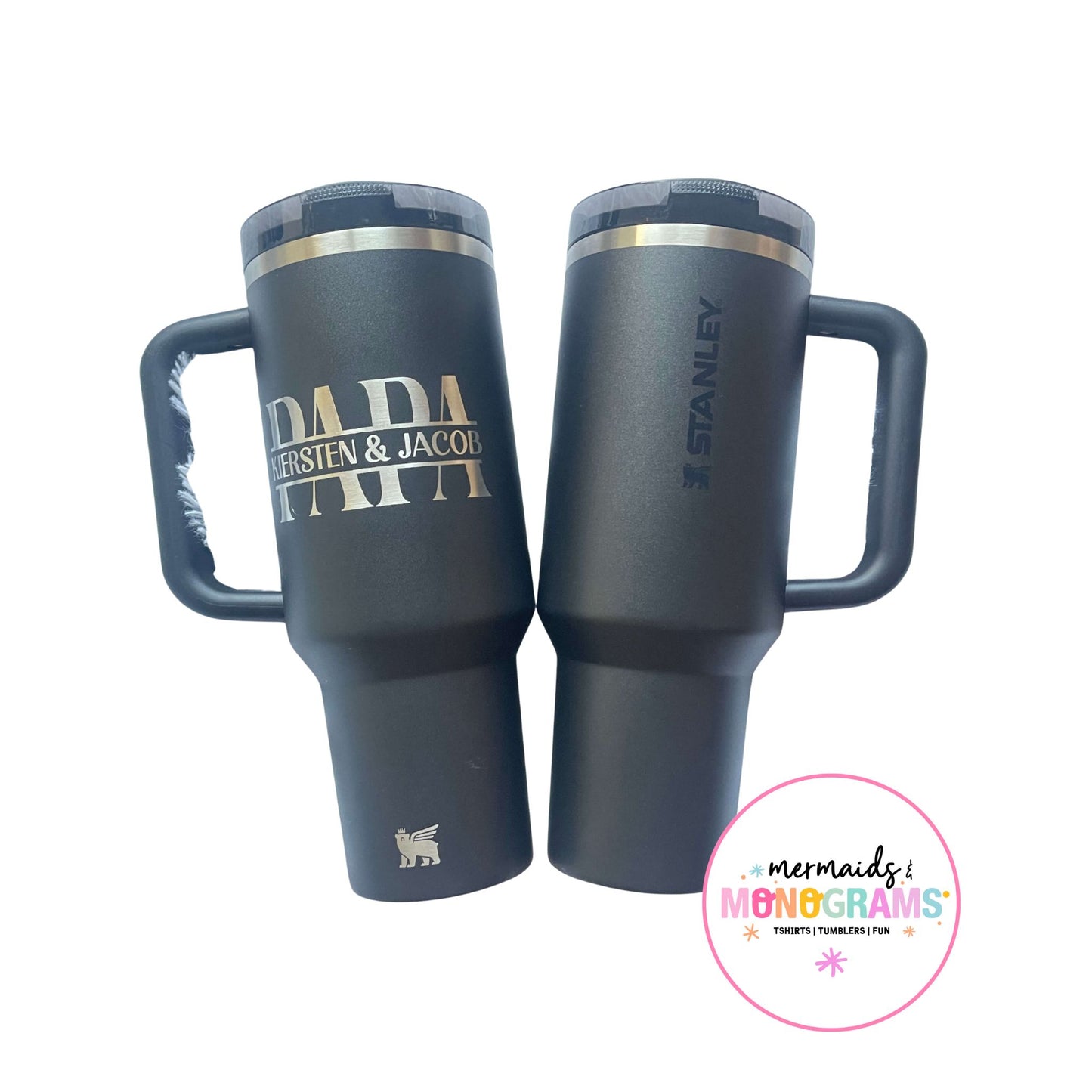 Side-by-side of Stanley brand and dupe tumblers engraved with “Papa”
