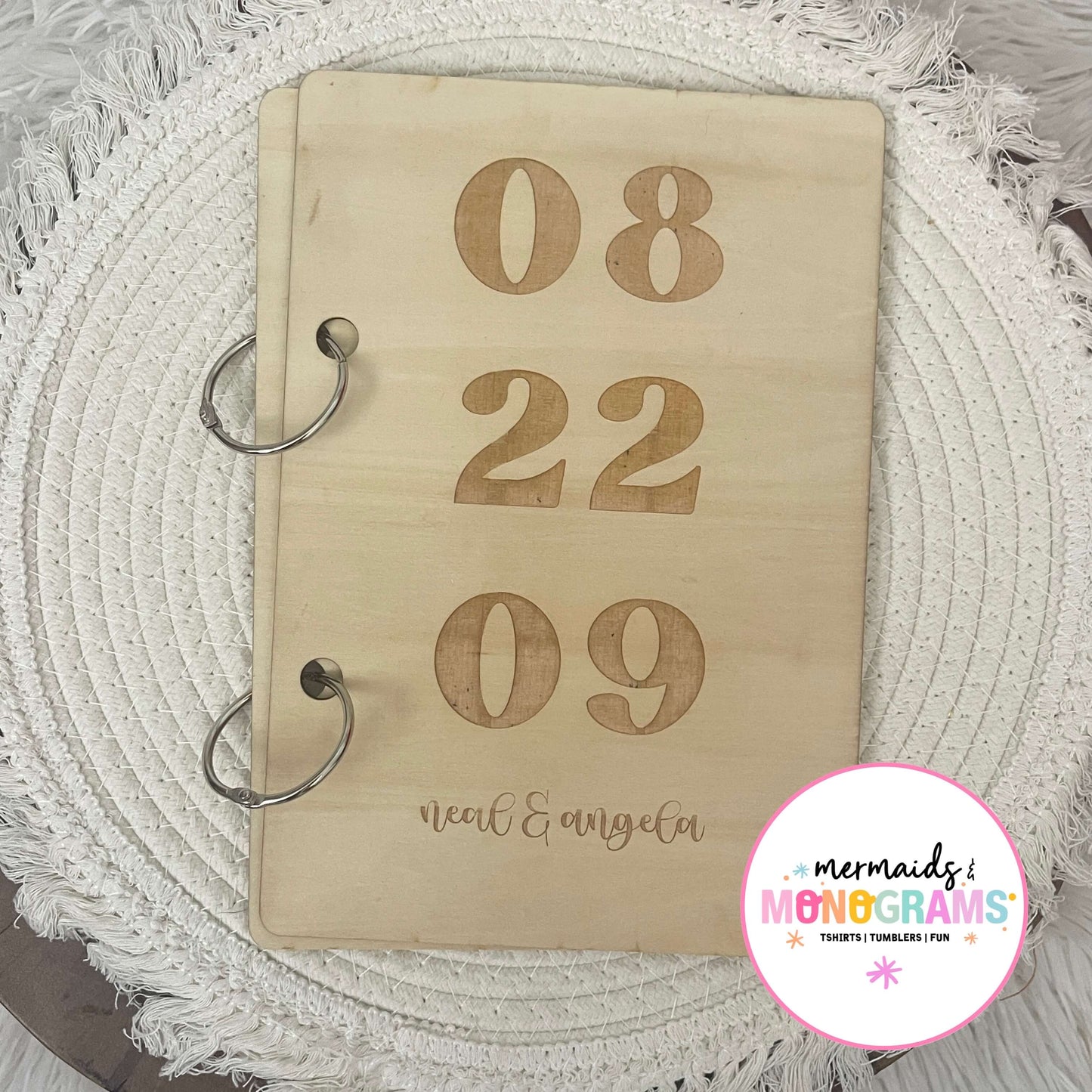 Laser engraved wooden wedding card holder with 08 22 09 and personalized names