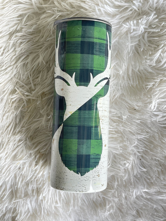 20oz Green Plaid Deer Head Stainless Steel Tumbler