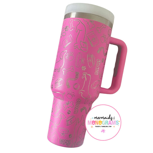 Pink 40oz stainless steel dog-themed tumbler with dachshund design