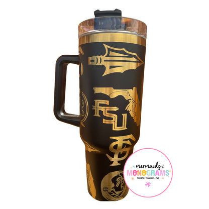 Black and gold tumbler featuring FSU logos and Florida outline with handle