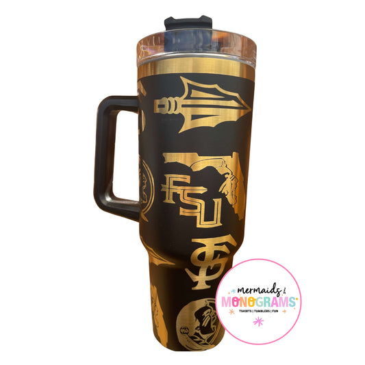 Black and gold tumbler featuring FSU logos and Florida outline with handle