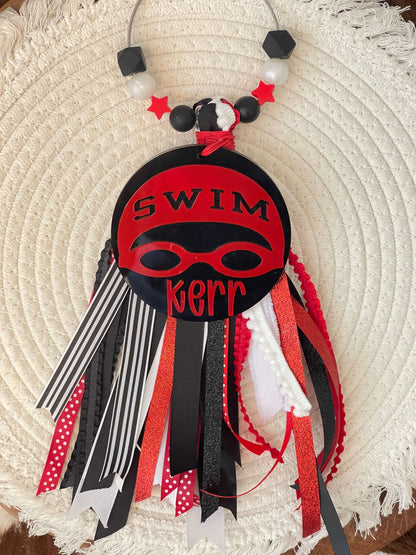 Personalized Swim Acrylic Bag Tag with Ribbon Tassel – Custom Sports Bag Charm
