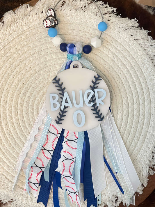 Personalized Baseball Acrylic Bag Tag with Ribbon Tassel