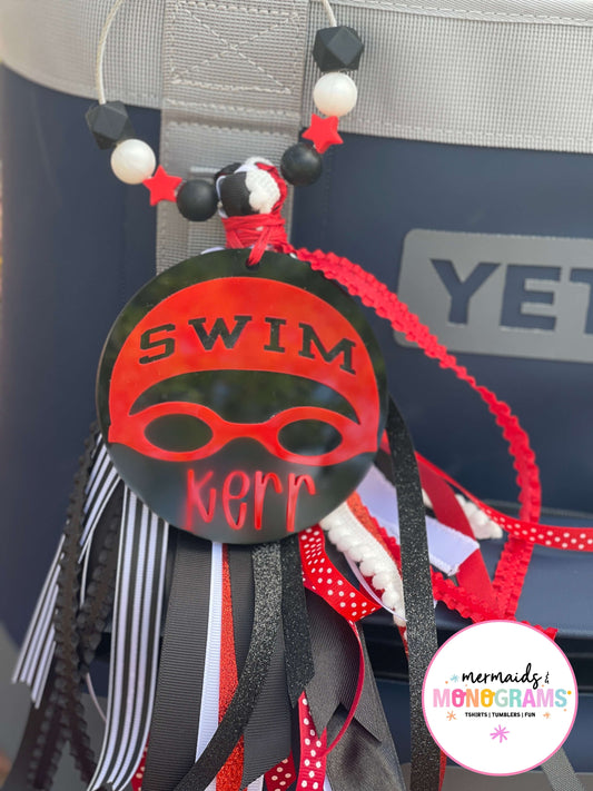 Personalized Swim Acrylic Bag Tag with Ribbon Tassel – Custom Sports Bag Charm