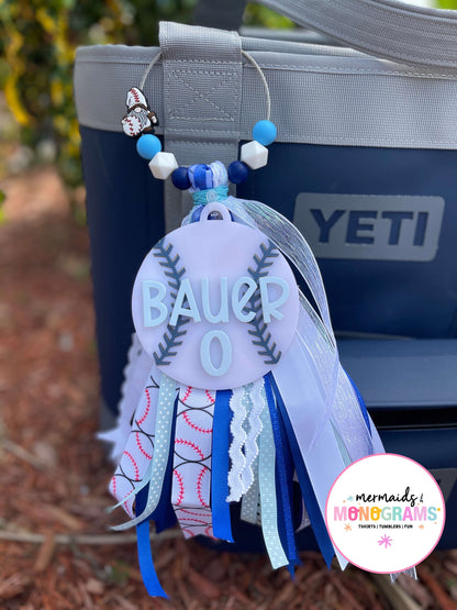 Personalized Baseball Acrylic Bag Tag with Ribbon Tassel