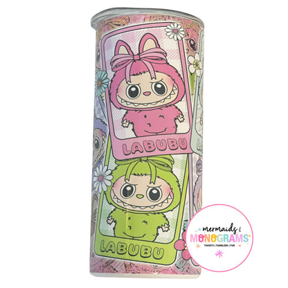 Labubu pastel tumbler with pink and green bunny-suited characters