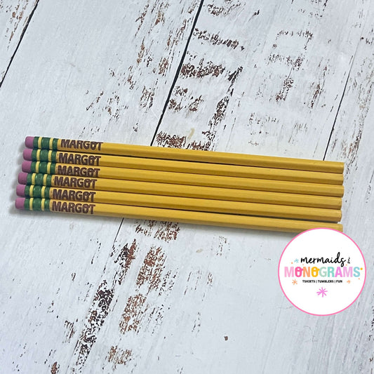 Set of six yellow pencils with custom engraved name