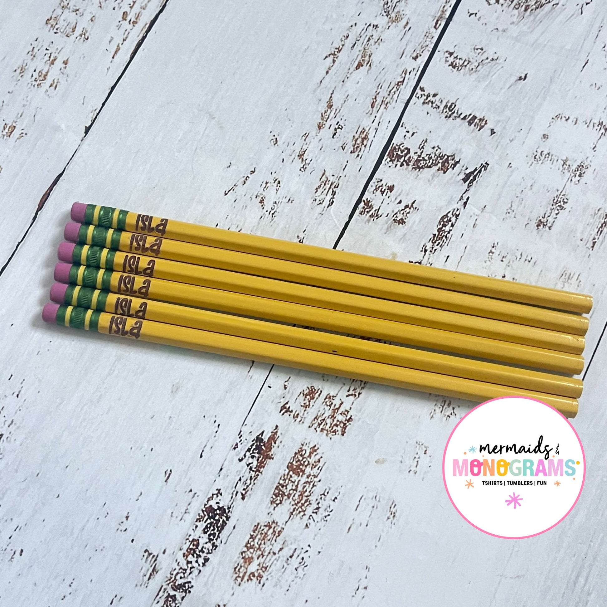 Set of six yellow pencils with custom engraved name