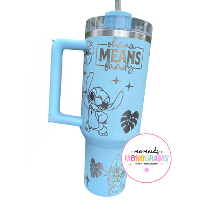 Light blue “Ohana Means Family” 40oz tumbler featuring Stitch and tropical engraving