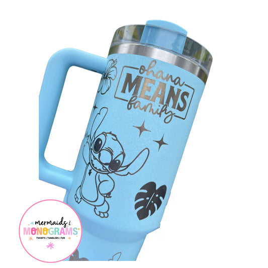 Close-up of Stitch and “Ohana Means Family” quote on engraved cup
