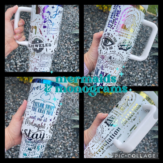 Collage of five views of a 40oz stainless steel Taylor Swift Eras Tour tumbler with handle and straw, featuring album-themed wrap designs, fan lyrics, and holographic foil accents. Background shows outdoor gravel surface and hand-holding closeups.