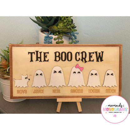 Full view of Boo Crew personalized Halloween plaque with ghost figures and pet, custom laser engraved names on wood sign with easel display