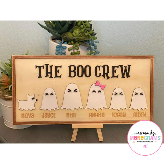 Full view of Boo Crew personalized Halloween plaque with ghost figures and pet, custom laser engraved names on wood sign with easel display