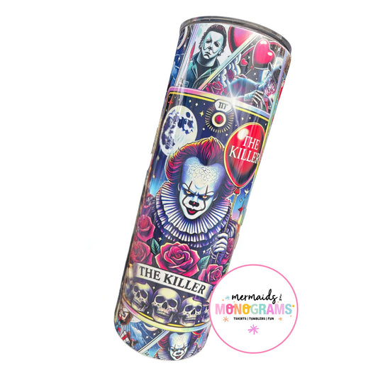 Pennywise-themed horror tumbler with vivid sublimated artwork and gothic background
