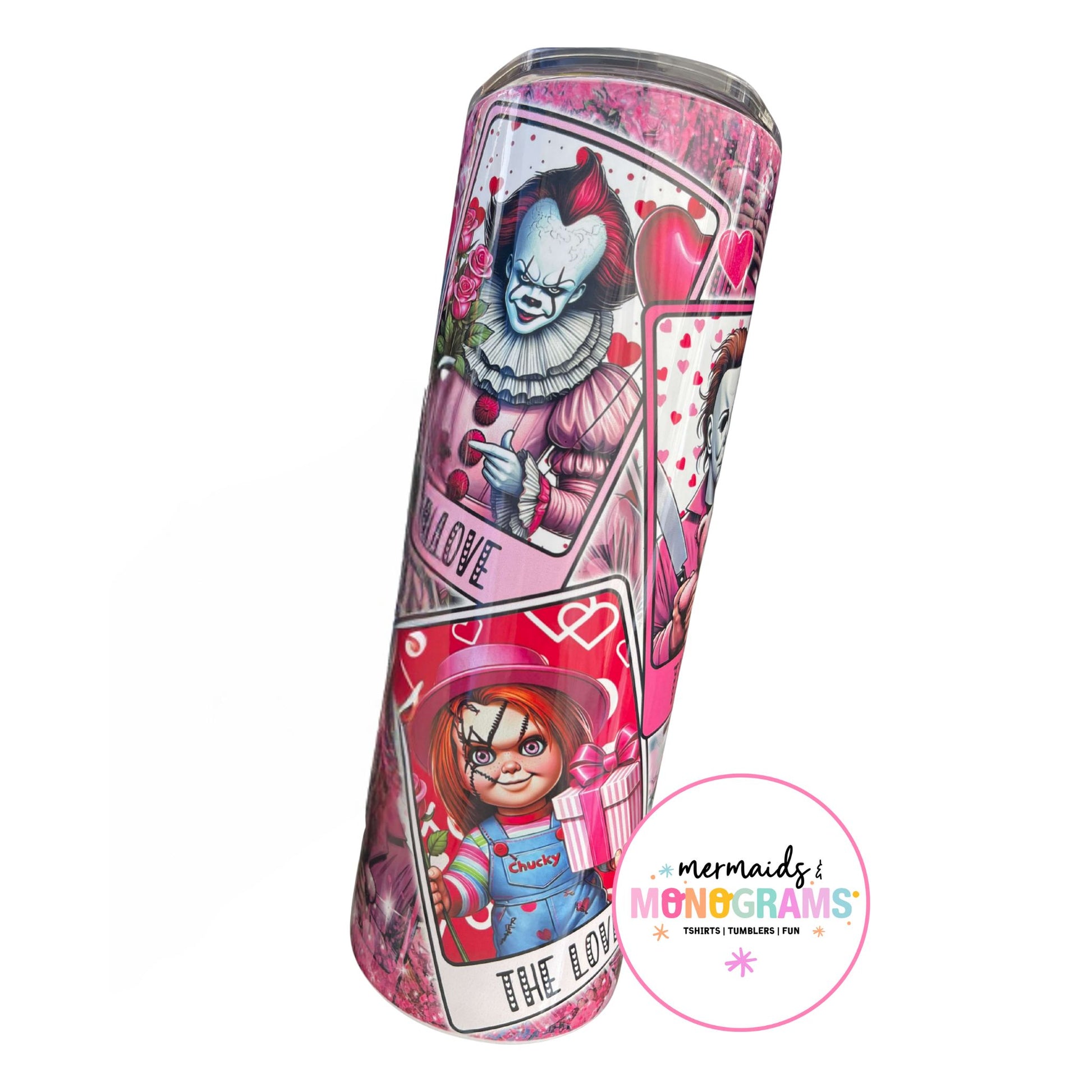 Full-wrap sublimated tumbler with Pennywise and Chucky surrounded by hearts and pink tones

