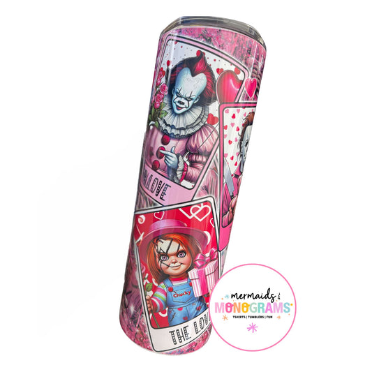 Full-wrap sublimated tumbler with Pennywise and Chucky surrounded by hearts and pink tones

