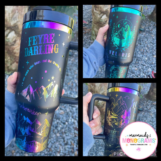 40oz tumbler with holographic “Feyre Darling” quote and mountain design