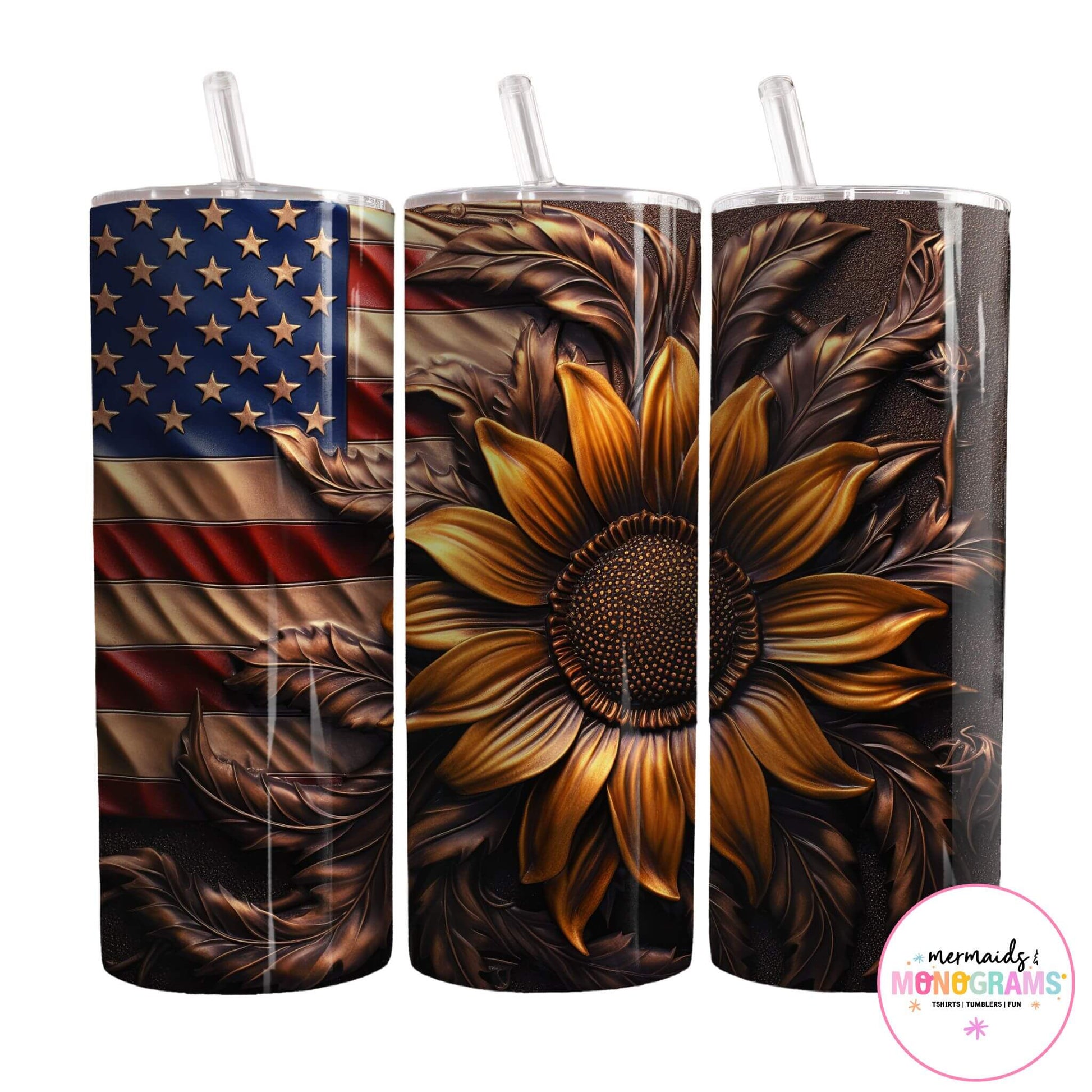 american flag and rustic sunflower on a western background
