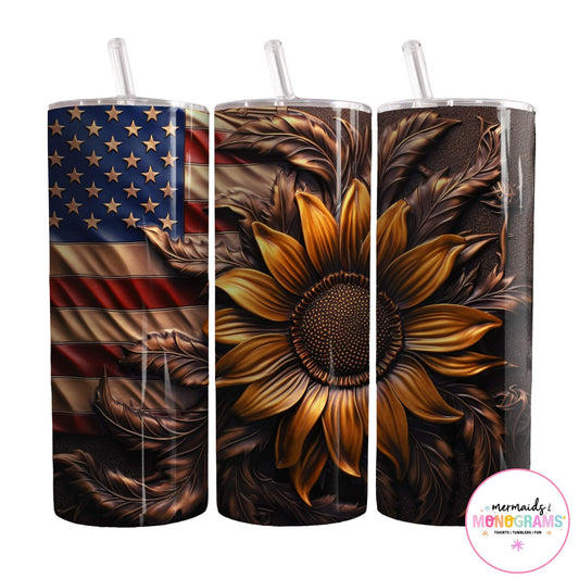 american flag and rustic sunflower on a western background
