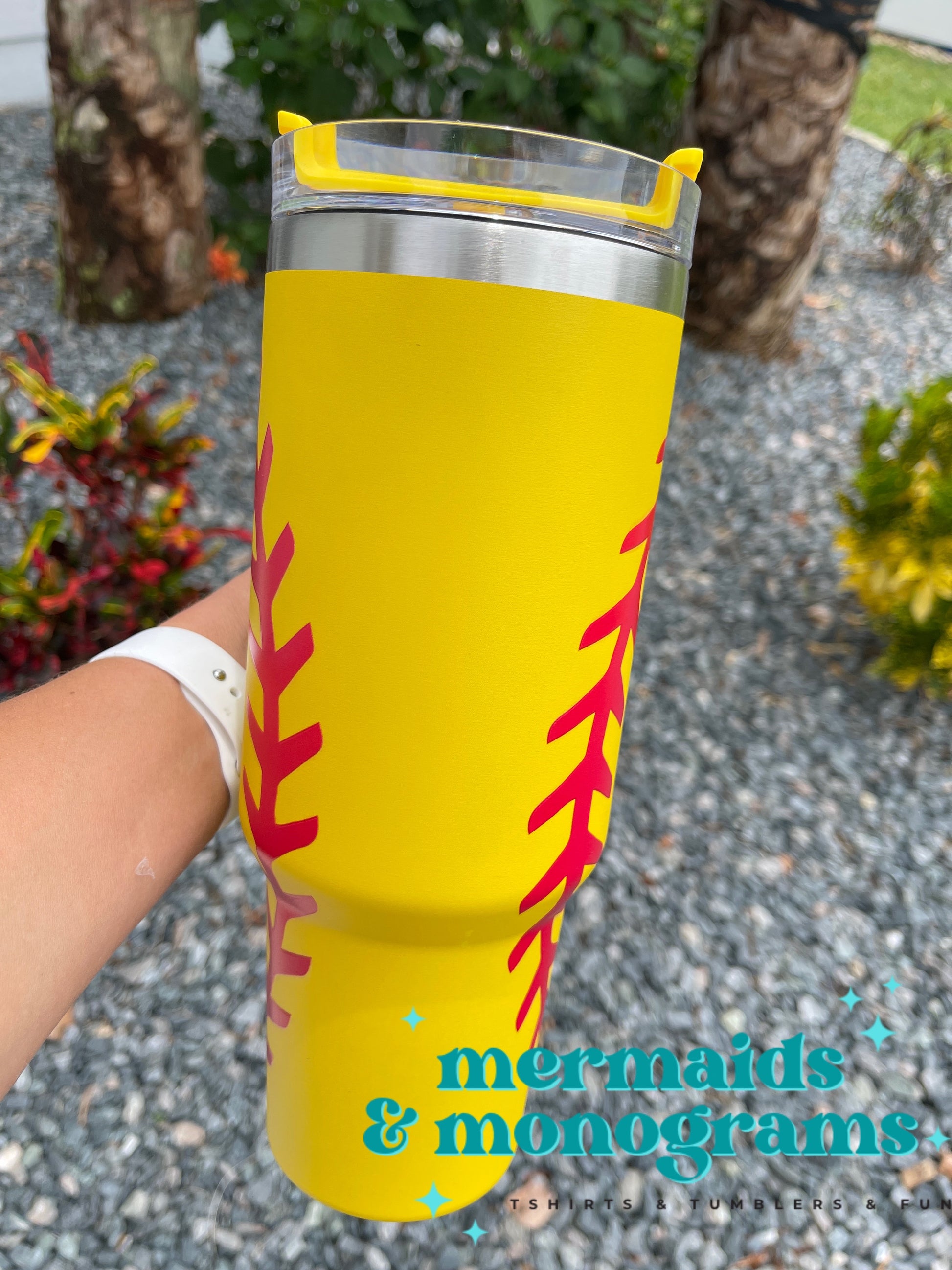 Crystal Softball Yellow/Red Blinged Out 40 Oz. Tumbler (Ships Approx.  1/30)